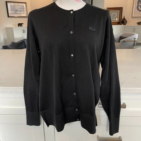 Lacoste Sweaters - Lacoste LS Crew Neck Relaxed Fit 100% Cotton Knit Cardigan Sweater Black Sz 34